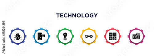 technology filled icons with infographic template. glyph icons such as robot insect, receive money message, light bulb turned off, wireless gadget, mathematical operations, vintage digital camera