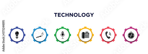 technology filled icons with infographic template. glyph icons such as big light bulb, electronic cigarette, big microphone, telephone with fax, telephone receiver, basic compass vector.