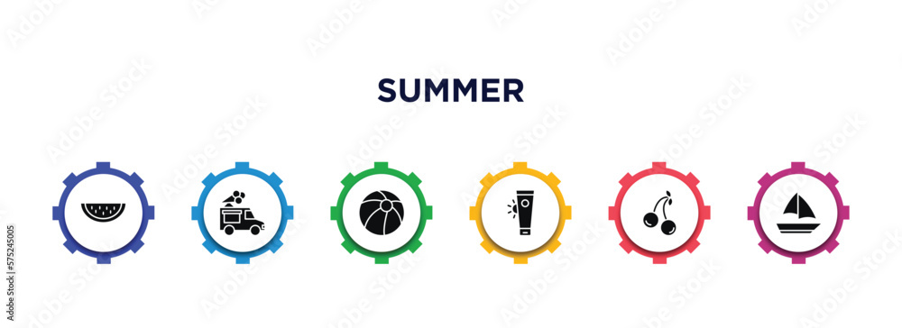 summer filled icons with infographic template. glyph icons such as slice of melon, ice cream van, beach ball, sunscreen, cherries, yatch boat vector. summer filled icons with infographic template. glyph icons such as slice of melon, ice cream van, beach ball, sunscreen, cherries, yatch boat vector.