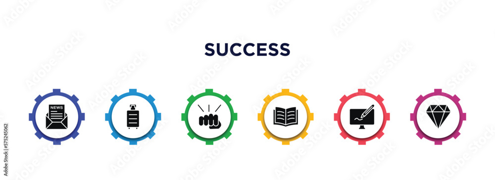 success filled icons with infographic template. glyph icons such as newsletter, travel, punch, study, graphics, gem vector. success filled icons with infographic template. glyph icons such as newsletter, travel, punch, study, graphics, gem vector.