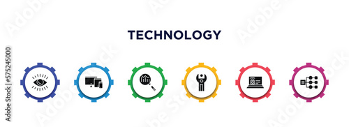 technology filled icons with infographic template. glyph icons such as impressions, responsive web de, search engine marketing, sdk, internet value, sitemaps vector.