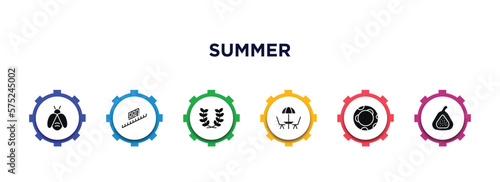 summer filled icons with infographic template. glyph icons such as firefly, funicular, wreath, terrace, rubber ring, fig vector.