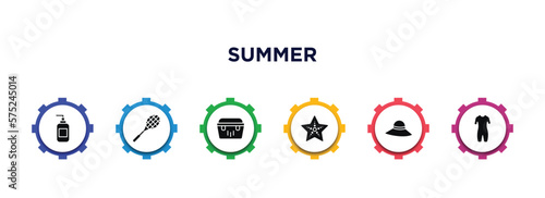 summer filled icons with infographic template. glyph icons such as dispenser, rackets, portable fridge, sea star, pamela hat, wetsuit vector.