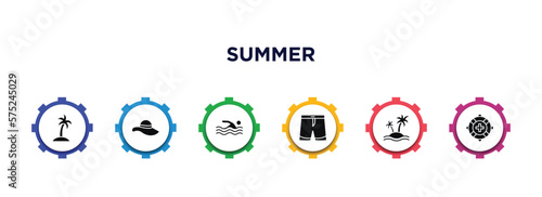 summer filled icons with infographic template. glyph icons such as island with palm trees, summer hat, swimming person, swimming trunks, island, lifeguard vector.