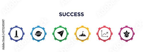 success filled icons with infographic template. glyph icons such as monument, passed, send, peak, rise, celebrity vector.