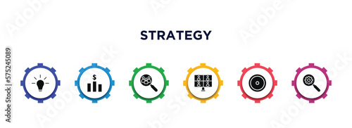 strategy filled icons with infographic template. glyph icons such as creativity, business, human resources, video conference, focus, resource vector.