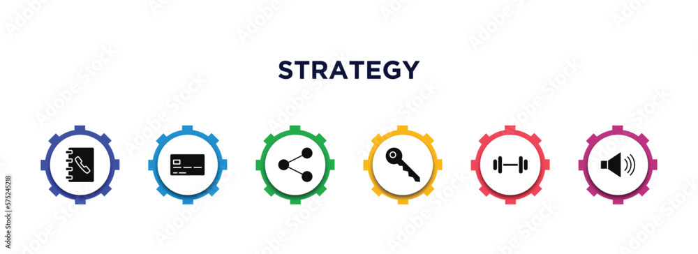 strategy filled icons with infographic template. glyph icons such as phonebook, card, connection, key, strength, speaker vector. strategy filled icons with infographic template. glyph icons such as phonebook, card, connection, key, strength, speaker vector.