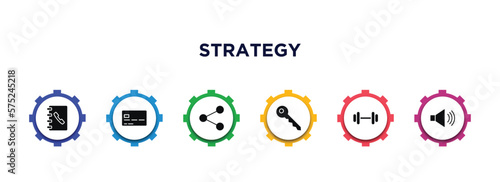 strategy filled icons with infographic template. glyph icons such as phonebook, card, connection, key, strength, speaker vector.