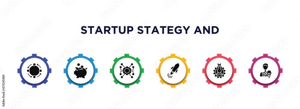 startup stategy and filled icons with infographic template. glyph icons such as procedure, piggybank, resources, quick, strategy management, entrepreneur vector. startup stategy and filled icons with infographic template. glyph icons such as procedure, piggybank, resources, quick, strategy management, entrepreneur vector.
