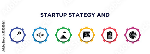 startup stategy and filled icons with infographic template. glyph icons such as purpose, rivalry, overcome, strategy sketch, identity, exchanging vector.