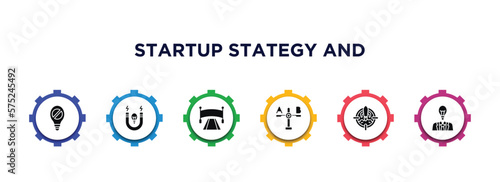 startup stategy and filled icons with infographic template. glyph icons such as restrict, idea magnet, finish line, comparison, mission, startup head vector.