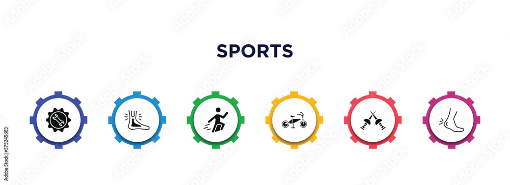 sports filled icons with infographic template. glyph icons such as equipment, sprained ankle, jumping ski, race bike, medieval fencing, ankle vector. sports filled icons with infographic template. glyph icons such as equipment, sprained ankle, jumping ski, race bike, medieval fencing, ankle vector.