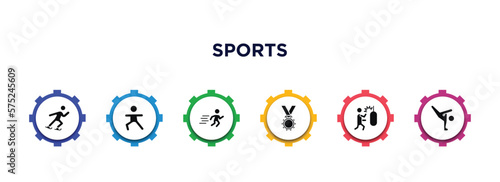 sports filled icons with infographic template. glyph icons such as ice skating man, excersice, man sprinting, golden medal, man punching, capoeira vector.