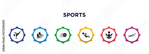 sports filled icons with infographic template. glyph icons such as breakdance, ice skates, volleyball ball, man doing pushups, yoga posture, volleyball motion vector.