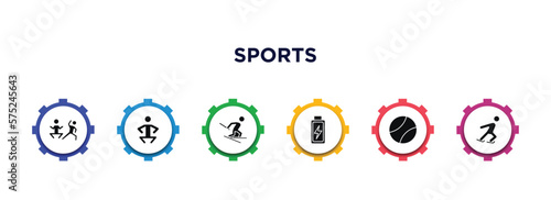 sports filled icons with infographic template. glyph icons such as excercise, squat, slalom, batter, tennis sport ball, ice skating vector.