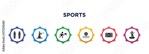 sports filled icons with infographic template. glyph icons such as shin guards, biathlon, waiter falling, waterpolo, hockey arena, dancing motion vector.