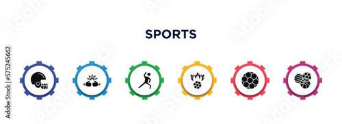 sports filled icons with infographic template. glyph icons such as baseball helmet, two boxing gloves, stretching, soccer football ball, football ball, balls vector.