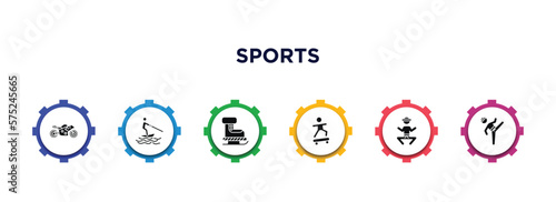 sports filled icons with infographic template. glyph icons such as motor sports, jet surfing, ski boots, boy with skatingboard, wushu, taekwondo vector.