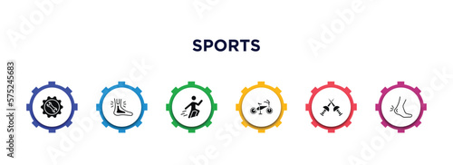 sports filled icons with infographic template. glyph icons such as equipment, sprained ankle, jumping ski, race bike, medieval fencing, ankle vector.