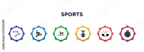 sports filled icons with infographic template. glyph icons such as weighted bars, motocross, swimming figure, weight lifting medal, boxing glove, exercise ball vector.