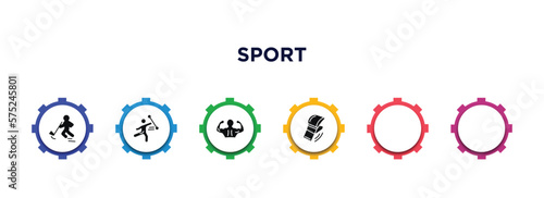 sport filled icons with infographic template. glyph icons such as rinkball, baton twirling, aerobics, bodybuilding, horse racing, discus throw vector.