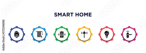 smart home filled icons with infographic template. glyph icons such as security system, jalousie automation, smart trash, remote vehicle, lightbulb, smart lock vector.