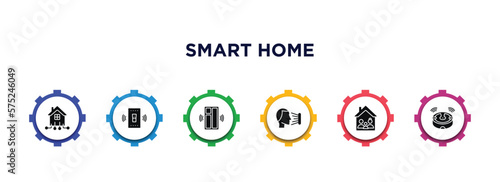 smart home filled icons with infographic template. glyph icons such as automation, smart switch, windows, face scan, household, robot vacuum cleaner vector.