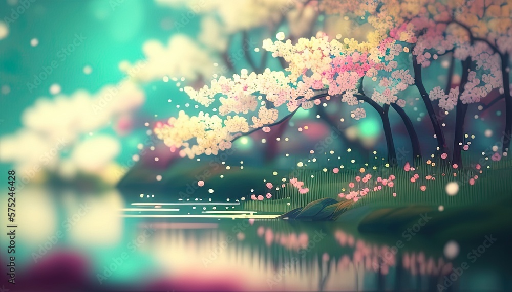Soft-focus spring landscape creates a festive wallpaper with a dreamy, blurry aesthetic