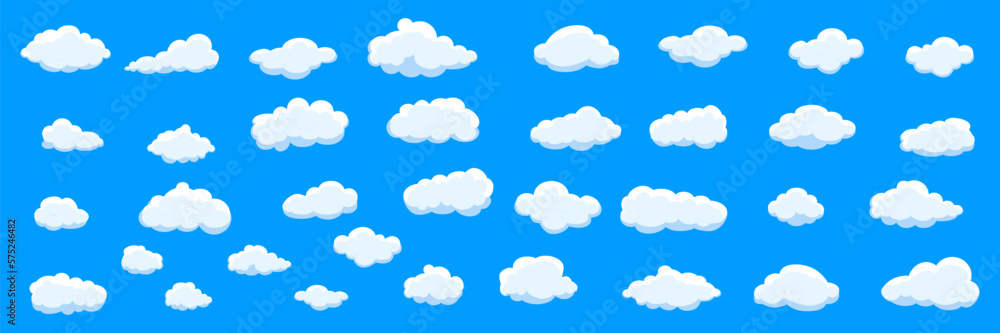 White cartoon clouds set isolated on blue background. Collection of different clouds for background template, wallpaper and fluffy sky design. Flat clouds concept. 3D clouds vector illustration