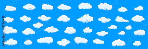 White cartoon clouds set isolated on blue background. Collection of different clouds for background template, wallpaper and fluffy sky design. Flat clouds concept. 3D clouds vector illustration