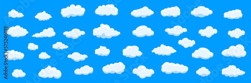 White cartoon clouds set isolated on blue background. Collection of different clouds for background template, wallpaper and fluffy sky design. Flat clouds concept. 3D clouds vector illustration