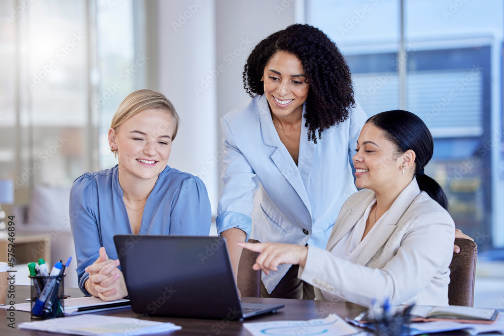 Business women, laptop and meeting in planning for digital marketing, strategy or schedule ideas at office desk. Happy group of woman employees discussing team idea on computer for project plan Business women, laptop and meeting in planning for digital marketing, strategy or schedule ideas at office desk. Happy group of woman employees discussing team idea on computer for project plan
