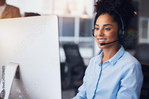 Photography Call center, customer service and computer with a black woman consultant working in her communication office
