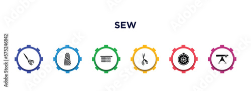 sew filled icons with infographic template. glyph icons such as sewing scissors, spool of thread, hand craft, cutting tool, needlepoint, ironing board vector.