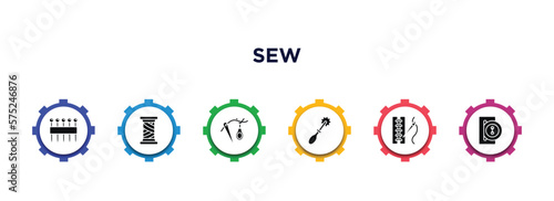 sew filled icons with infographic template. glyph icons such as of pins, cotton reel, threading, tracing wheel, seam, buttonhole vector.