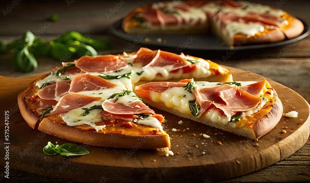  a pizza with ham and cheese on a cutting board with a slice missing.  generative ai