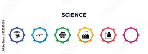 science filled icons with infographic template. glyph icons such as vortex, seesaw, atoms, blood test, newton, lab vector.