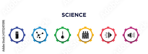 science filled icons with infographic template. glyph icons such as vial, molecule, volumetric flask, tubes, convex, pour vector.
