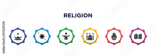 religion filled icons with infographic template. glyph icons such as diwali, holy star, monk, mosque, hamsa, commandments vector.