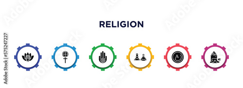 religion filled icons with infographic template. glyph icons such as lotus position, gticism, jainism, muslim, asceticism, prayer vector.