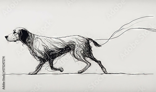  a drawing of a dog running with a long leash on.  generative ai