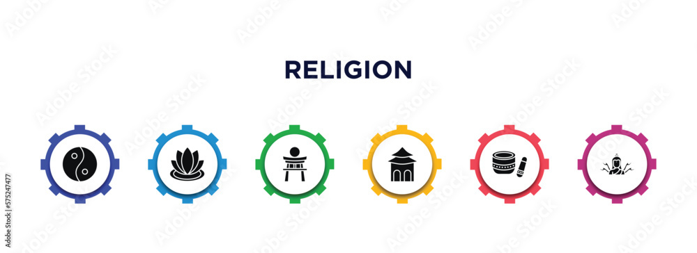 religion filled icons with infographic template. glyph icons such as taoism, zen, shinto, shrine, standing bell, shiva vector. religion filled icons with infographic template. glyph icons such as taoism, zen, shinto, shrine, standing bell, shiva vector.