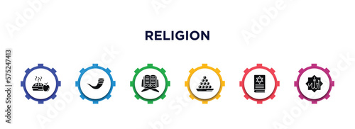 religion filled icons with infographic template. glyph icons such as cake, shofar, holy quran, laddu, torah book, allah word vector.