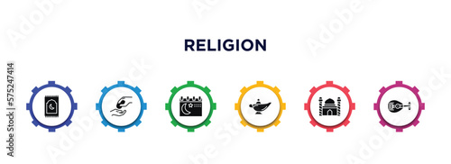 religion filled icons with infographic template. glyph icons such as islamic praying carpet, sadaqah, ramadan month, arabian magic lamp, mosque and minaret, oud vector.