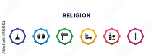 religion filled icons with infographic template. glyph icons such as mosque domes, dua hands, gragger, lamb of god, hebrew wine, mezuzah vector.