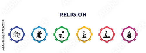 religion filled icons with infographic template. glyph icons such as muslim praying hands, muslim woman praying, ramadan iftar, muslim man praying, islamic friday prayer, ner tamid vector. photo