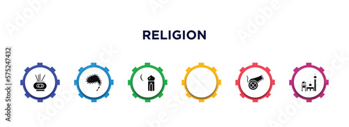 religion filled icons with infographic template. glyph icons such as incense burner, prayer beads, subah prayer, crusade, eyd gun, islamic mosque vector.