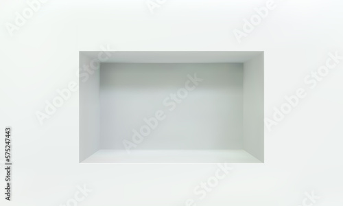 Empty niche or shelf on white wall 3D mockup. Shop, gallery plastic or wooden showcase to present product. Blank retail storage space. Interior design furniture. Living room bookshelf