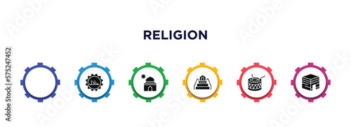 religion filled icons with infographic template. glyph icons such as islamic wudu, islamic halal, zuhr prayer, minbar, eyd drum, kaaba vector.