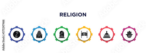 religion filled icons with infographic template. glyph icons such as yin yang, temple, tombstone, torah, wat saket, semitic neopaganism vector.